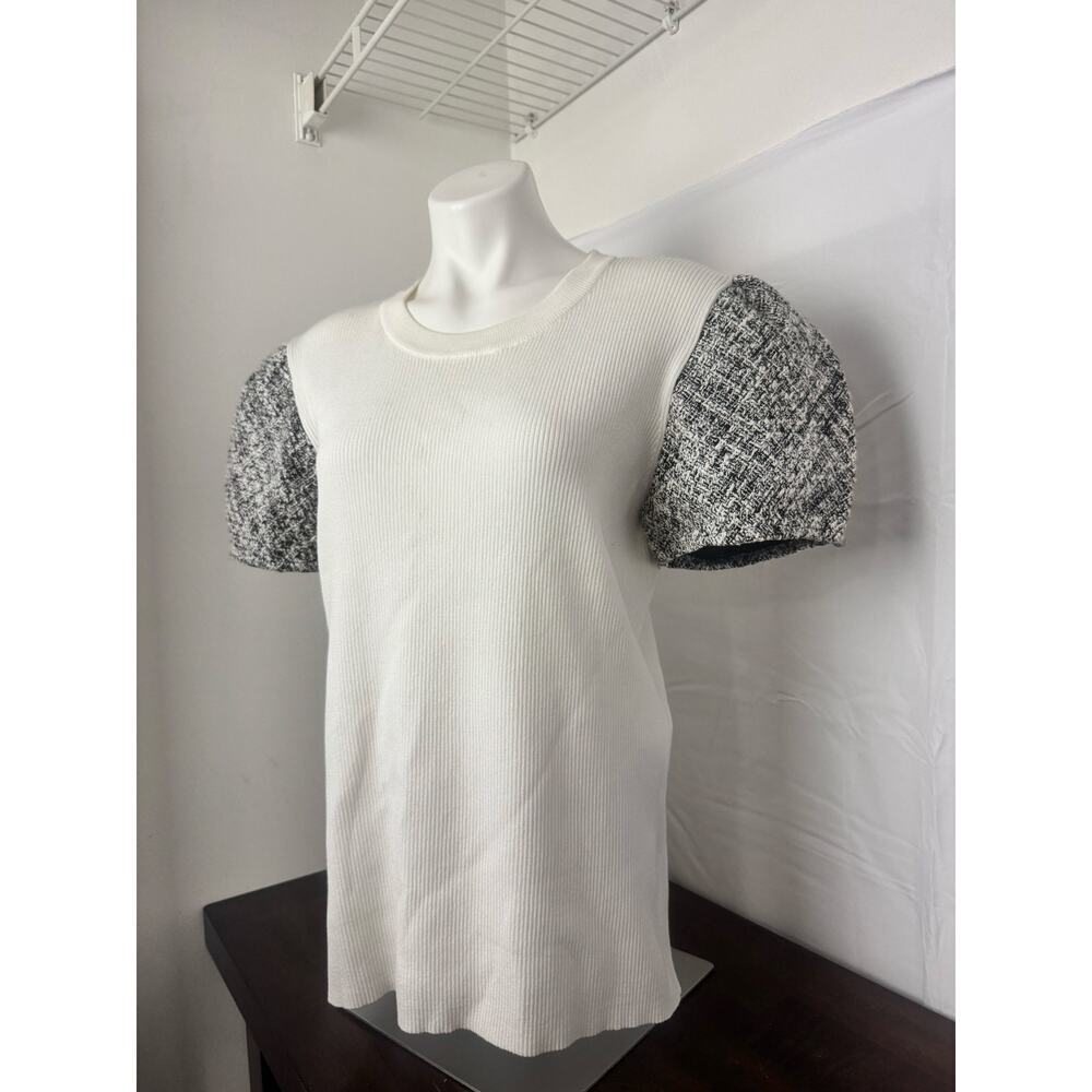 Karl Lagerfeld Paris Ivory/White Knit Top Tweed Puffed Short Sleeves, XL NWT